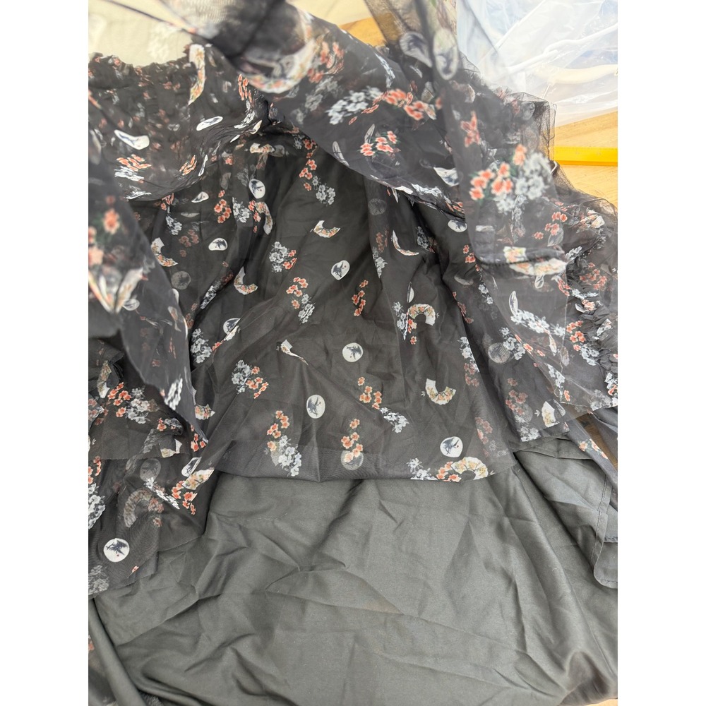 Catchall Floral Tulle Maxi Dress Women L NEW Ruffle Sheer Long Sleeve Black - Picture 10 of 13